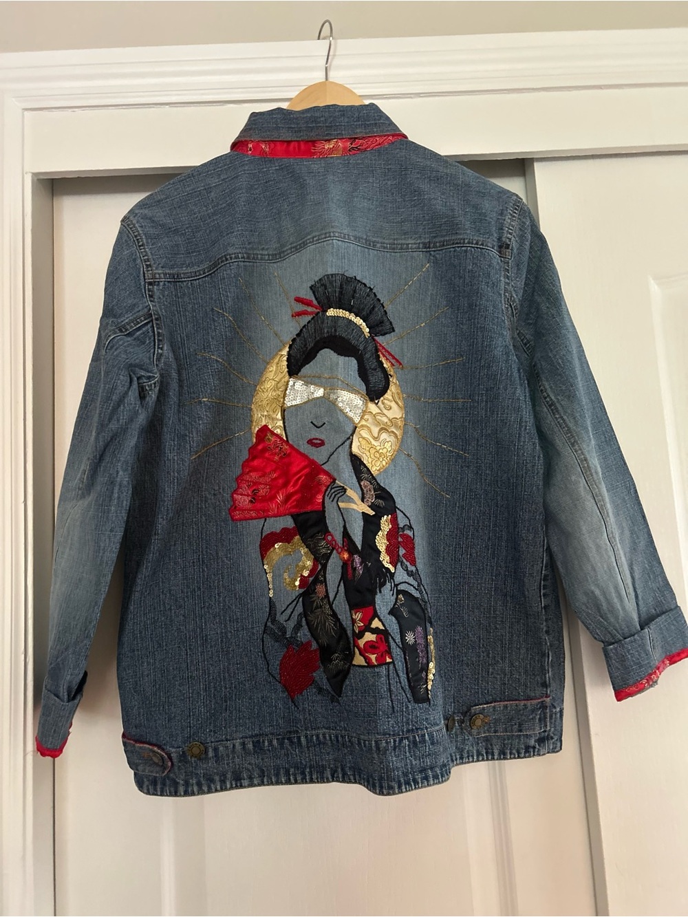 Chico Embroidered Denim Jacket with Red & Gold Geisha Motif